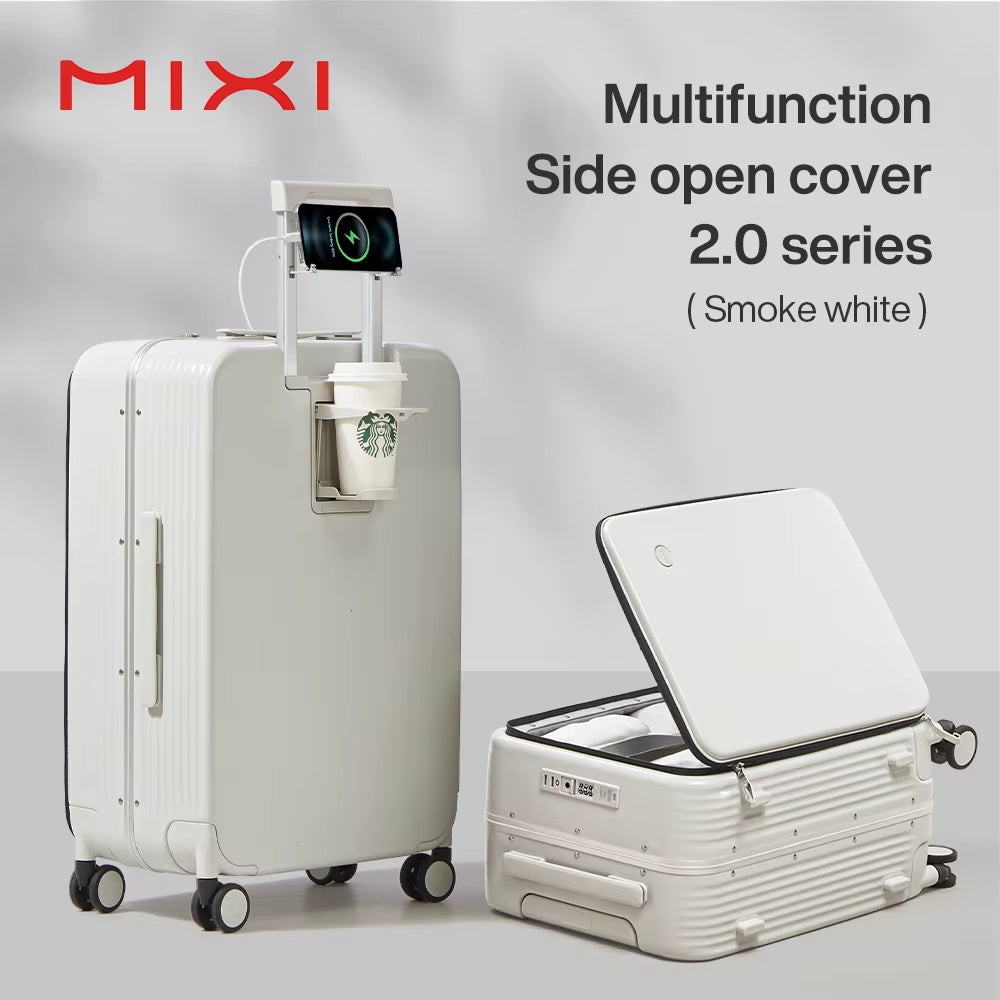 Mixi NEW Aluminum Frame Suitcase Carry on Rolling Luggage with USB Port Boarding Cabin Cup and Phone Holder 20 24 Inch