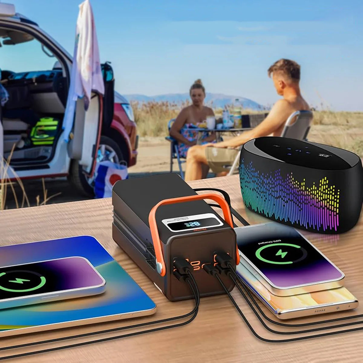 External Battery, Powerbank Portable Klack 100,000 Mah – 22.5W Fast Charging, 4 Usb-A, 2 Integrated Cables (Usb-C and Lightning), 3 Additional Ports, Led Screen and Flashlight