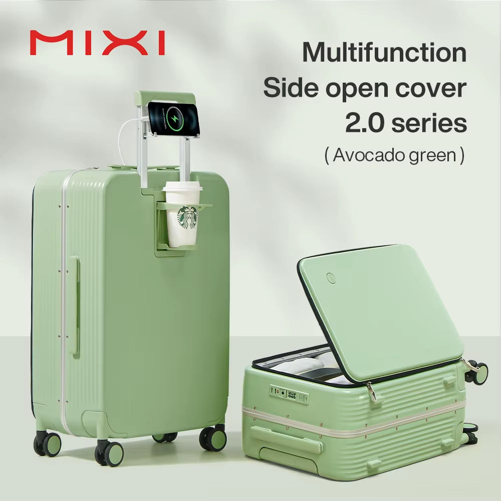 Mixi NEW Aluminum Frame Suitcase Carry on Rolling Luggage with USB Port Boarding Cabin Cup and Phone Holder 20 24 Inch