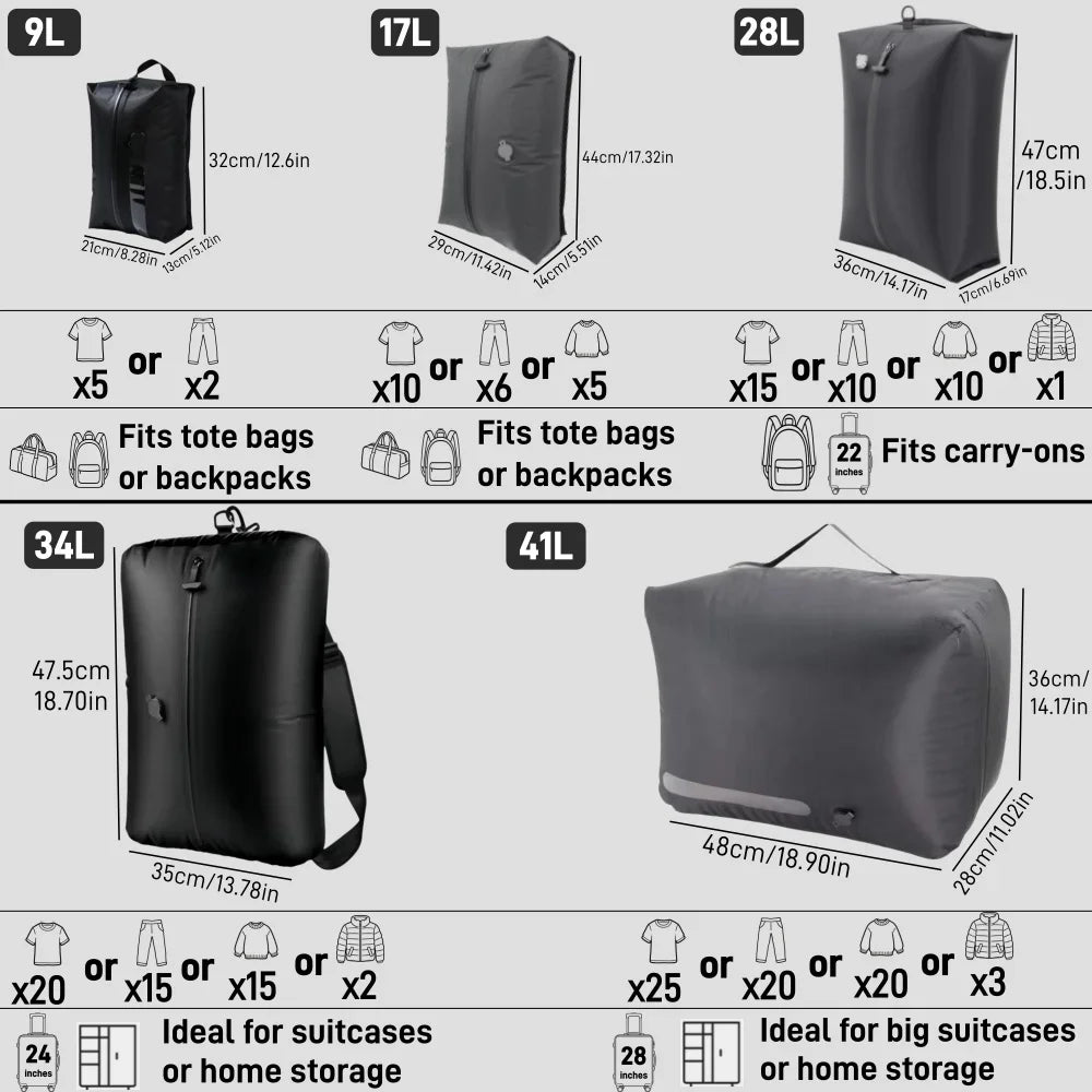Travel Compression Bags, Waterproof Vacuum Storage Bags for Clothes Suitcase, Space Saving Bag for Travel Moving Essentials