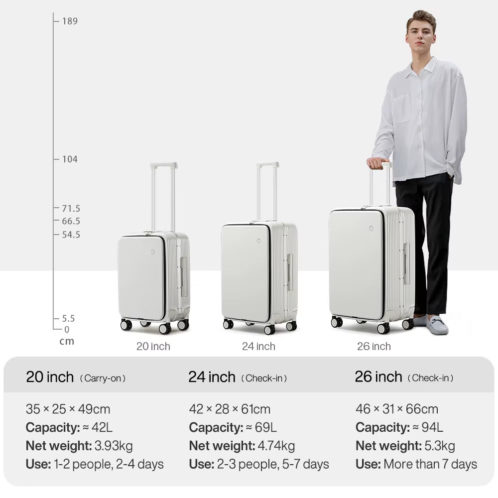Mixi NEW Aluminum Frame Suitcase Carry on Rolling Luggage with USB Port Boarding Cabin Cup and Phone Holder 20 24 Inch